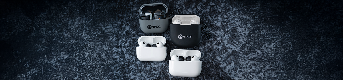 Memory Foam Ear tips to help keep earbuds in place showcasing Galaxy Buds3 Pro devices and a package of comply foam tips.