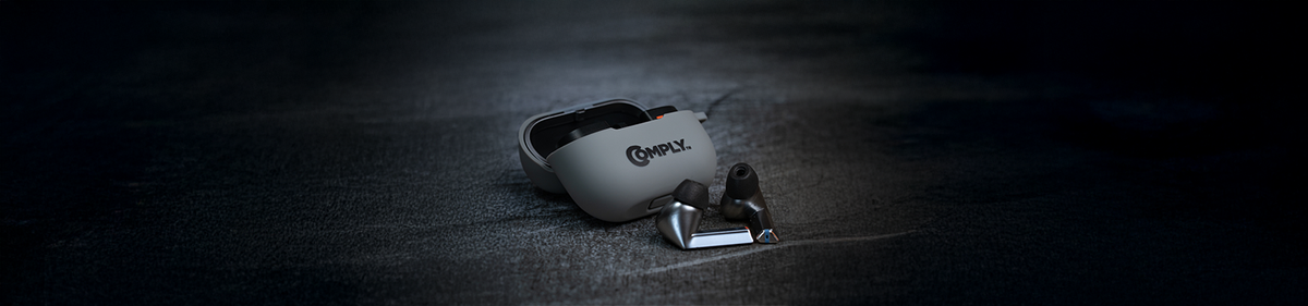 Memory Foam Ear tips to help keep earbuds in place showcasing Galaxy Buds3 Pro devices and a package of comply foam tips.