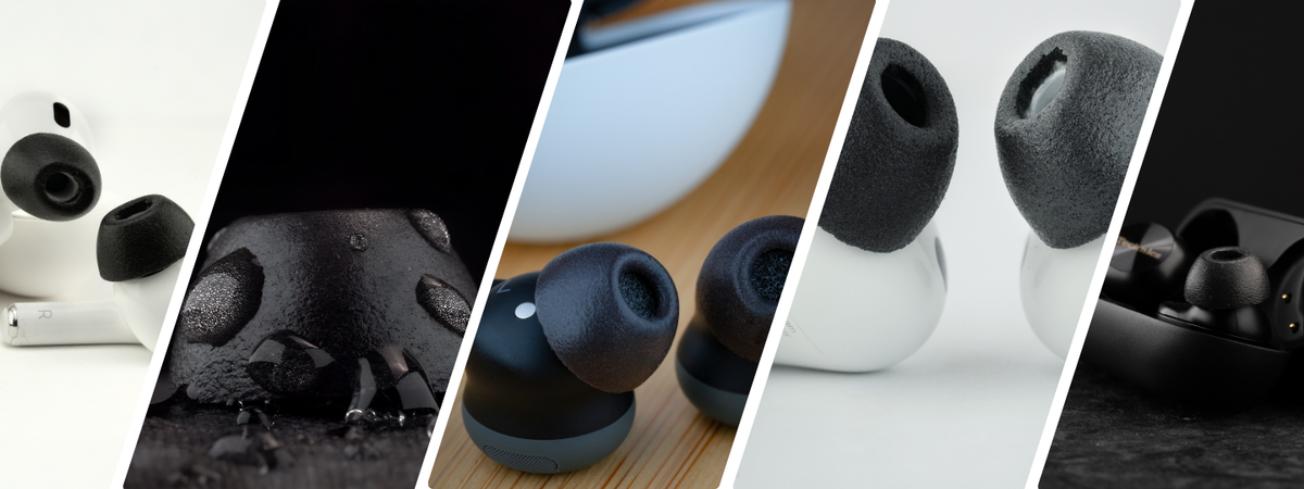 a different assortment of true wireless earbuds with comply foam memory foam tips installed